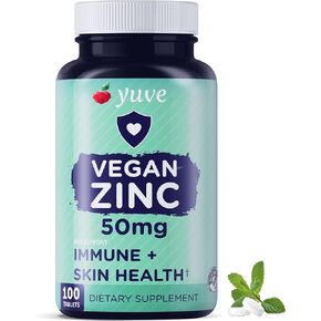 Yuve Natural Vegan Zinc Vitamins Supplements 50mg, Supreme Immune Support, Fast Relief from Colds and Flu, Acne Free Skin, Healthy Hormone Levels, Non-GMO, Gluten & Sugar Free - 100 Veg Tabs (2 Pack)