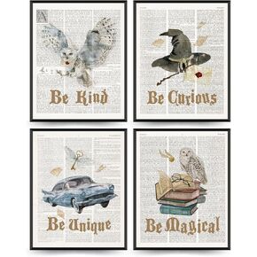 ETVISO Vintage Magic Art Prints 8x10,Magic Book Owl Envelope Wall Art Decor,Be Kind Wall Poster Picture,Magic Lovers Gifts,Magic Themed Art Decor for Club Living Room Classroom Set of 4 Unframed