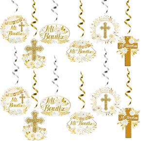 FFyhiinski 30P Floral Mi Bautizo Cross Baptism Party Hanging Swirl Glitter God and Greenery Spiral Decor Whirl Streamers Religious First Holy Communion Party Favors Birthday Baby Shower Ceiling Decor