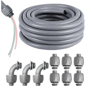 VASALAID 1/2inch 25ft Electrical Conduit Kit, Flexible Non Metallic Liquid Tight Conduit, Flexible Conduit with 6 Straight and 3 Angle Fittings, Not Include 10-AWG 3 Colour Wire (1/2" Dia)