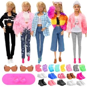 20 Pcs 11.5 Inch Doll Clothes & Accessories 5 Set Clothes Incldes Fur Winter Coat Sport Suit Tops and Pant Outfits 2 Sneaker 10 Shoes 2 Glasses 1 Skaboard for 11.5 Inch Girl Doll