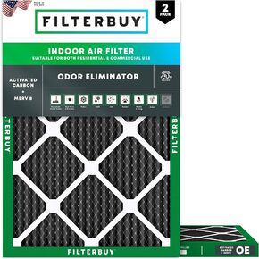 Filterbuy 14x20x1 Air Filter MERV 8 Odor Eliminator (2-Pack), Pleated HVAC AC Furnace Air Filters Replacement with Activated Carbon (Actual Size: 13.50 x 19.50 x 0.75 Inches)