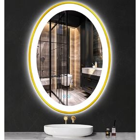 32 x 24 Inch Gold Oval LED Bathroom Mirror with Front Lights Gold Frame Oval Vanity Lighted Mirror for Bathroom Wall Oval Smart Mirror 3 Color Dimmable Anti Fog 32 Inch Oval Light up Mirror