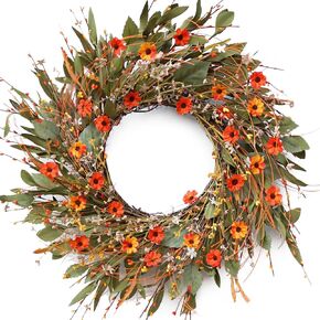 Realistic Fall Wreaths for Front Door- 22 Inch Autumn Wreath with Yellow Daisy,Forsythia and Grains,Artificial Silk Fall Door Wreath Indoor Outdoor Farmhouse Home Wall Harvest Wreath Decoror