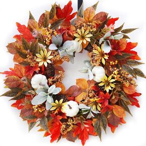 Fall Wreaths for Front Door Outside- 24 Inch Large Fall Door Wreath Handmade Silk Autumn Sunflower White Pumpkin Wreath Fall Leaves Lambs Ear Wreath for Indoor Outdoor Farmhouse Home Decor