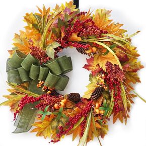 24 Inch Fall Wreaths for Front Door- Artificial Silk Autumn Wreath with Green Bow,Vibrant Fall Door Wreath with Maple Leaves,Red Berries and Pine Cones-Large Thanksgiving Wreath Home Decor