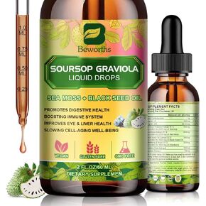 Soursop Bitters Liquid Drops with Irish Sea Moss, Black Seed oil Supplement, Soursop Fruit Graviola Leaves Extract - Supports Relax & Antioxidant, Slowing Cell-Aging, Immunity, Liver Health