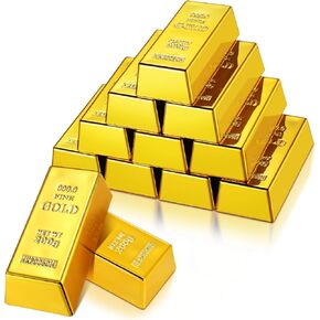 12 Pcs Fake Gold Bar Replica Golden Bullion Glittering Brick Movie Prop Stage Decoration Halloween Pirate Party Supplies Funny Gift (6.5 x 2.9 x 2 Inch)