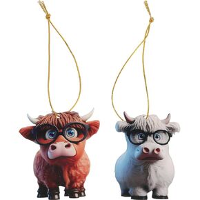 SEWACC Home Decor Highland Cow Figurine 2pcs Scottish Highland Cow Hanging Ornament Acrylic Highland Cattle Statues Christmas Tree Decorations for Xmas Tree Door Decor
