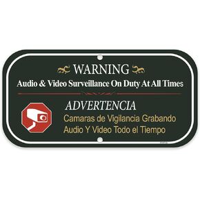 1-Pack 12"x6" Aluminum "Warning - Audio & Video Surveillance On Duty At All Times" Bilingual Sign | Video Surveillance Sign No Trespassing Sign Security Camera Warning Safety Sign Metal Outdoor Green
