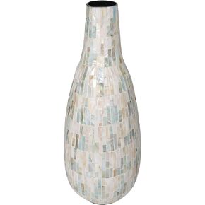 Deco 79 Mother of Pearl Shell Handmade Decorative Vase Mosaic Inspired Centerpiece Vase with Pastel Blue and Pink Accents, Flower Vase for Home Decoration 8" x 8" x 19", White