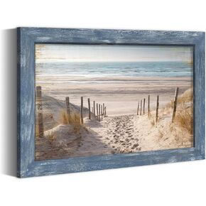 Framed Beach Road Wall Art: Modern Coastal Sea Level Painting Wood Decor Rustic Blue Ocean Artwork Calming Seascape Nature Picture Contemporary Sandy Seaside Prints for Bedroom Bathroom Living Room