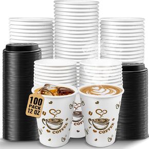 Ginkgo 100 Pack Disposable Paper Coffee Cups with Lids 16 oz, To Go Hot/Cold Cups for Daily Use