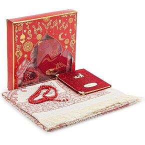 ihvan online Prayer Gift Set for Men & Women, Muslim Taffeta Prayer Rug, Salah Mat, Beads Rosary, Velvet Covered Yaseen Islamic Gift Set for Ramadan & Eid, Black