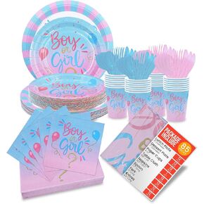 Jubi Gender Reveal Paper Dinnerware Set for 30 - Plates, Napkins, Cups, Tableware - Party Decoration Pack for Gender Reveal Celebrations