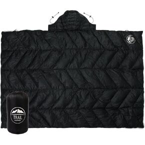 Trail Hippie Luxurious Ultralight Waterproof Duck Down Camping Blanket | Perfect for Backpacking | Packable Puffy Camp Quilt with Hood | Ideal for Travel Camping & Outdoor Adventures 80x54 Black