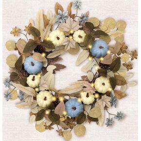 Valery Madelyn Collapsible Fall Pumkin Wreath for Front Door, 22"-24" Halloween Harvest Autumn Wreath with Lights for Home Porch Decor, Indoor Outdoor Table Centerpiece Indoor Thanksgiving Decor