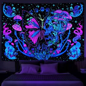 Lyacmy Blacklight Skull Tapestry UV Reactive Mushroom Butterfly Tapestries Aesthetic Moth Tapestry Moon Flowers Tapestry Hippie Snake Tapestry Wall Hanging for Bedroom(59.1 x 59.1 inches)