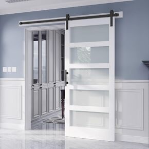36in x 84in Glass Barn Door Slab With 6.6FT Sliding Door Hardware Kit & Handle,5 Frosted Glass Panel,LVL Material with White PVC Surface,Pre-drilled Holes Easy Assembly,Waterproof,Anti-scratch