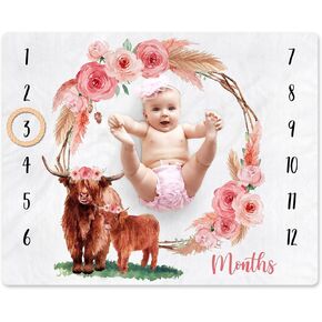 Gicoherero Highland Cow Baby Monthly Milestone Blanket Scotland Photo Prop Month Blanket Growth Chart Gift Ideas for Newborn Boy Girl Nursery Décor Baby Shower 40" X 50"