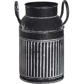 Farmhouse Galvanized Finish Bucket Vase Classy Designed Metal Milk Can Pitcher Vase Jug Country Rustic Style Primitive Decorative Flower Holder for Table Centerpiece Rustic Home Décor - Black