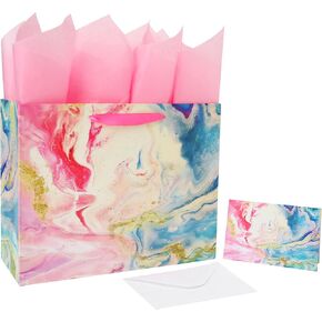 13" Large Purple and Red Gift Bag Set with Greeting Card and Tissue Paper(Marble Design) for Celebrating Birthdays, Weddings, Anniversaries, Mother's Day- 13"x5.2"x10.2",1 Pcs