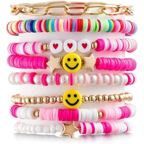 16Pcs Preppy Heishi Bracelets Set Colorful Smile Heart Star Evil Eye Beaded Stretch Bracelets Clay Stackable Charm Y2K Kidcore Summer Beach Bohemian Layering Bracelets Jewelry for Women Girls Teens