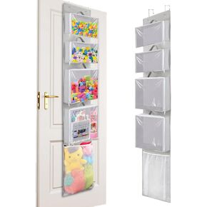 Woodoulogy Hanging Toy Storage over Door, Blocks Stuffed Animal Organizer Idea with 4 Removable Case Bags, Bi-Fold Closet 12 Inch Wide Holder with Mesh Pocket for Kid Boy Girl Puzzle