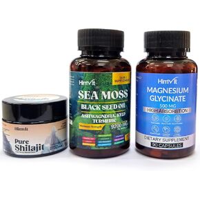 3 in 1 Pure Shilajit Resin Irish Sea Moss with Black Seed Oil and Magnesium Glycinate for Ultimate Gut Health and Vitality 90 Pills Each