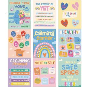 Pasimy 9 Pieces Mental Health Posters Rainbow Therapy Motivational Poster School Counselor Inspirational Posters Boho Positive Psychology Poster for Home School Counseling Office Classroom Decor