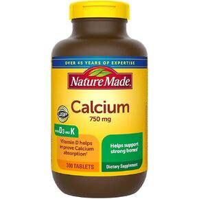 Nature Made Calcium 750 mg with Vitamin D3 and K, Dietary Supplement for Bone Support, 300 Tablets