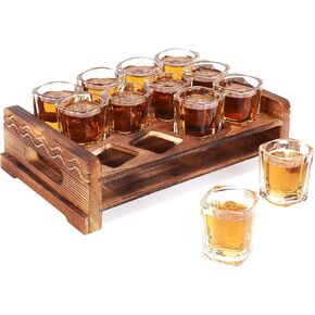 مجموعة حامل زجاجي من Vivimee Shot مع 12 كوب كريستال مربع شفاف بوزن 2.3 أونصة وصينية تقديم من الخشب المحروق الريفي للويسكي والتكيلا والمشروبات الكحولية والحفلات والمجموعات