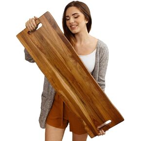 Large Acacia Serving Board with Handles, 36 x 12 Inch Rectangular Charcuterie Platter, Natural Wood Server for Meat, Cheese Board, and Party Appetizers, Extra Long 3ft