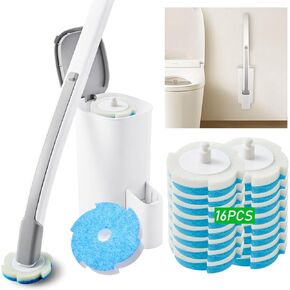 Disposable Toilet Brush and Holder Set with 16 Refills, Toilet Bowl Brush Cleaner Long Handle Wand, Compact Bathroom Toilet Scrubber Cleaning Supplies Wall Mounted for Bath Tub Sink Washbasin, White