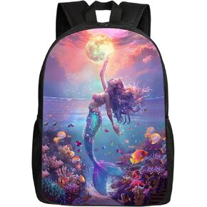 Mermaid School Backpack Beautiful Mermaid Tough Moon Bookbag for Teens Kids Boys Girls,Elementary Junior High University School Bag, Water Resistant Casual Travel Daypack, Large 17 inch