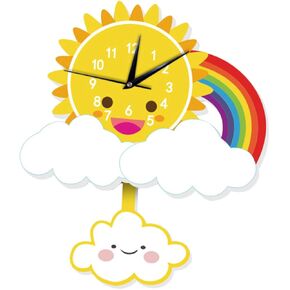 Amosfun Wall Clock Arabic Numbers Wood Decor Hanging Round Wall Clock Wooden Wall Clock Cartoon Wall Clock for Kids Room Cartoon Sun Rainbow Decor Wall Clock Child Mute