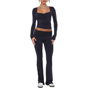 Aisbei Women's 2 Piece Outfits Lounge Sets Long Sleeve Square Neck Ruched Tops Fold Over Flare Pants Tracksuits Sweatsuits