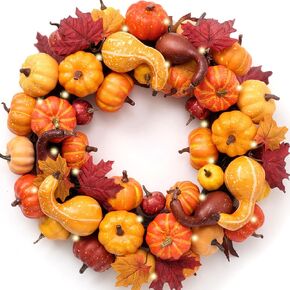 DecorbyHannah Fall Wreaths for Front Door, 18 inch Pre-Lit Autumn Pumkin Wreath with Maple Leaves for Harvest Thanksgiving Home Wall Window Indoor Outdoor Decorations