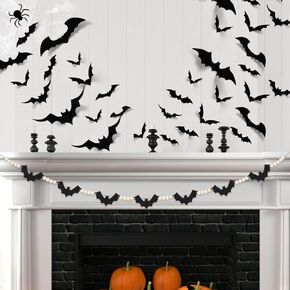 Halloween Decorations Garland& Halloween 3D Bats Wall Decor, Felt Halloween Decor with Wood Beads, Halloween Decoration Stickers Waterproof for Fireplace Mantel Walls Home Room Indoor