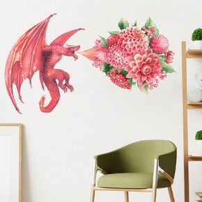 Creative Flying Flower Dragon Wall Stickers for Kids Rooms 37" × 22" Peel and Stick Dragon Wall Art Murals Large Dragon Wall Decals for Living Room Office Nursery Decor