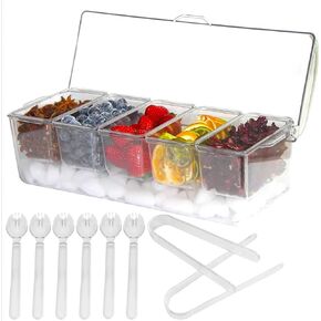 5 Compartment Ice Chilled Party Platter, 6 spoons + 2 tongs Cold Serving Tray, Plastic Bar Garnish Caddy, Bar Condiment Tray with Lid, Taco Accessories, Salad Bar Buffet