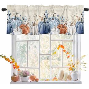 Fall Valances for Window Watercolor Pumpkin Fall Kitchen Curtains Rod Pocket Autumn Blue Leaves Thanksgiving Valance Window Curtain for Autumn, Fall Seasonal Decor 1 Panel, 54x18 Inch