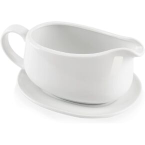 25 oz Gravy Boat and Tray, Ceramic White Gravy Boat with Saucer Stand for Dining, 2 Pieces Procelain Gravy Boat and Saucer