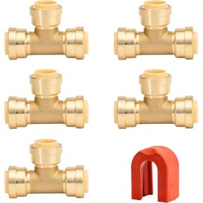 QuickFitting 1/2 inch Push On Tee Connector | Patented Design for Superior Sealing | Push to Connect Brass Plumbing Pipe Fitting | for Copper, PEX and CPVC | 5-Pack Tees in Saudi Arabia