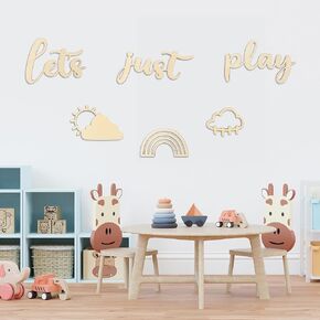Let's Just Play Wall Decor Set Rainbow Sunshine Wooden Sign Playroom Wall Art Decoration Nursery Wall Plaques for Kids Baby Boys Girls Toy Room Bedroom Classroom Living Room