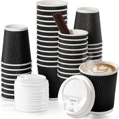 Fit Meal Prep [50 Pack 12 oz Insulated Ripple Triple Wall Paper Coffee Cups with White Lids, Premium Disposable, Black To Go Anti Slip for Hot Beverages, Travel, Home, Office in Saudi Arabia