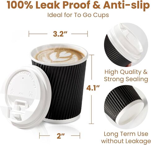 Fit Meal Prep [50 Pack 12 oz Insulated Ripple Triple Wall Paper Coffee Cups with White Lids, Premium Disposable, Black To Go Anti Slip for Hot Beverages, Travel, Home, Office in Saudi Arabia