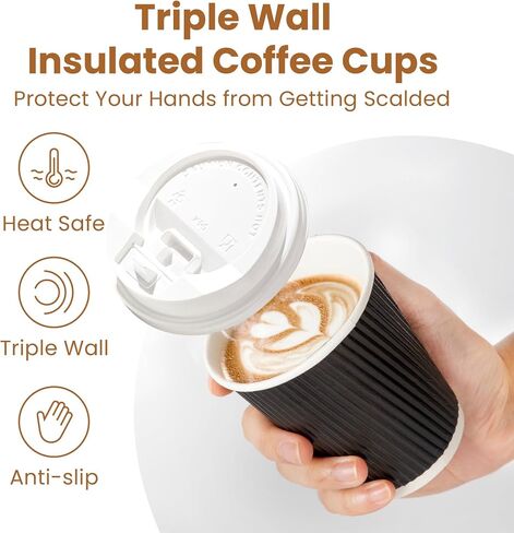 Fit Meal Prep [50 Pack 12 oz Insulated Ripple Triple Wall Paper Coffee Cups with White Lids, Premium Disposable, Black To Go Anti Slip for Hot Beverages, Travel, Home, Office in Saudi Arabia