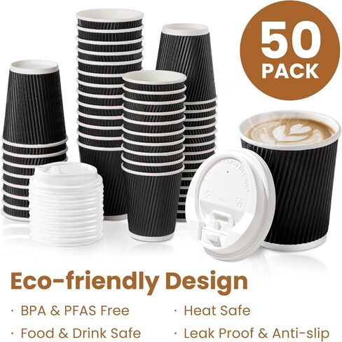 Fit Meal Prep [50 Pack 12 oz Insulated Ripple Triple Wall Paper Coffee Cups with White Lids, Premium Disposable, Black To Go Anti Slip for Hot Beverages, Travel, Home, Office in Saudi Arabia