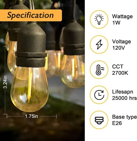 Jslinter S14 LED Bulbs, 25-Pack, 1W Energy-Efficient Outdoor String Lights, 2700K Warm White, Durable & Waterproof, E26 Base, Edison Vintage Ambiance, Ideal for Patio, Garden, and Party Lighting in Saudi Arabia